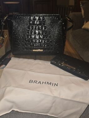Brahmin Shiny Hillary Black Croc-Embossed Leather Crossbody with Matching Wallet